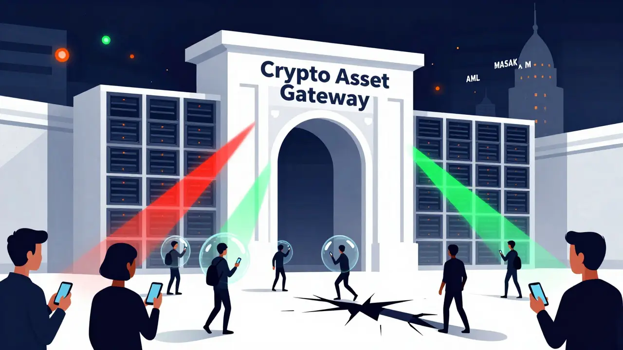 Cartoon style image of a massive regulatory gate scanning citizens, with some escaping through cracks in the ground.