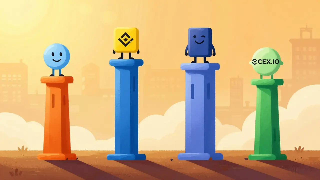 Colorful pillars representing safe crypto exchanges standing firm against fading background ghosts.