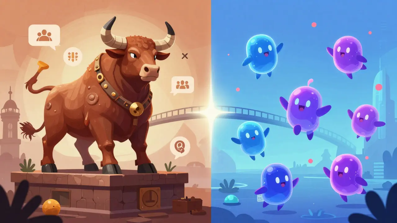 Contrast between armored bull figures and fluid Polqueen characters