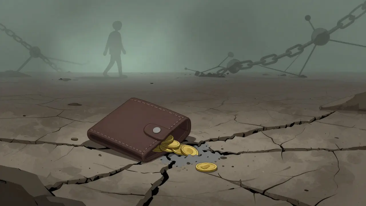 Desolate surreal scene with a cracked wallet spilling dust, representing abandoned crypto projects.