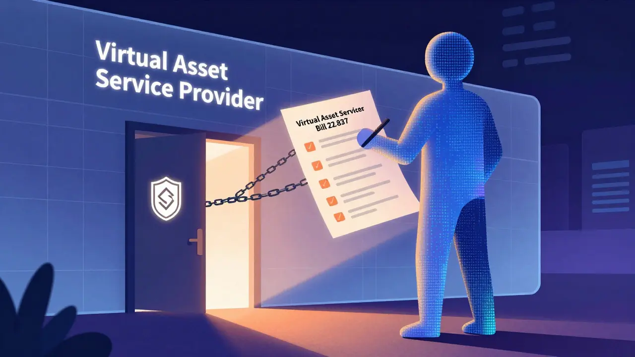 Digital figure navigating a bureaucratic wall with a compliance checklist