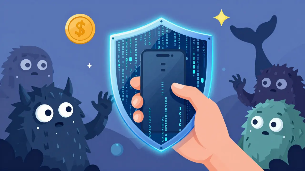 Digital shield protecting a user from abstract scam monsters