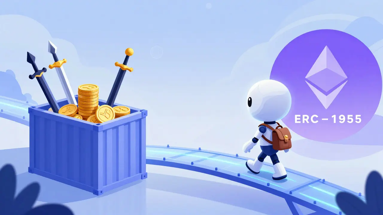 Futuristic scene showing efficient multi-token standards and autonomous NFTs on a bridge.