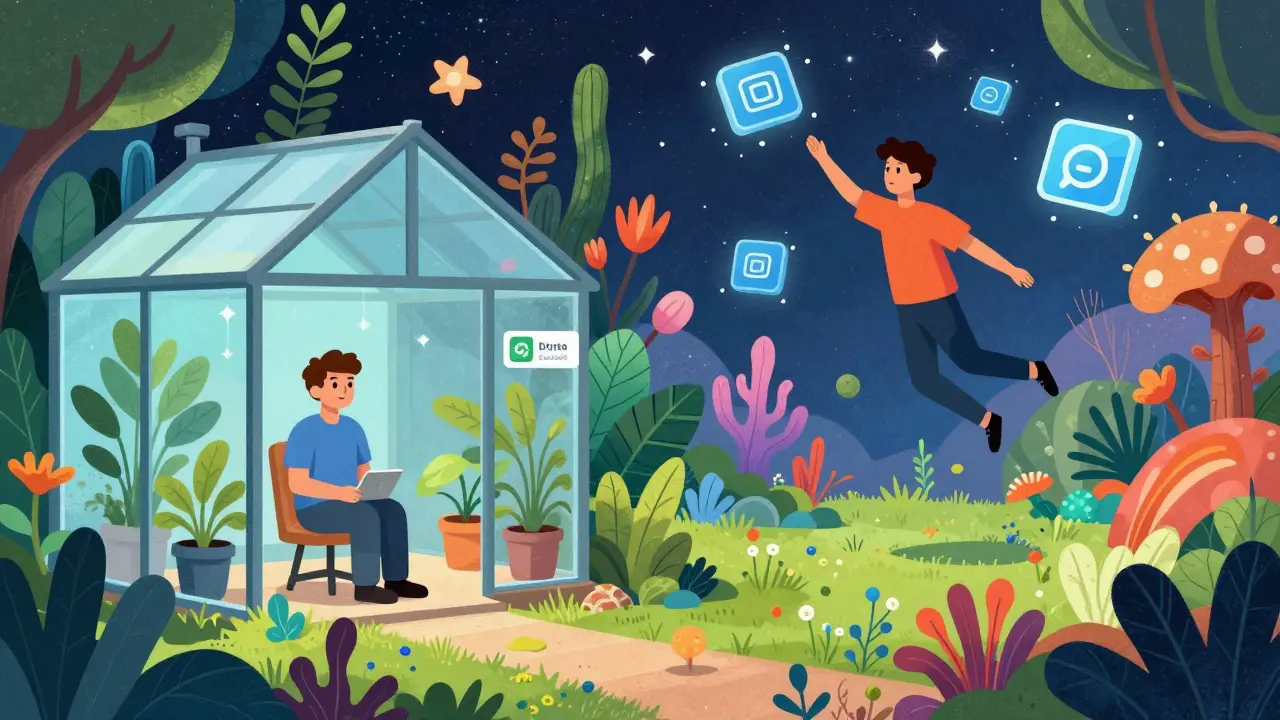 Illustration comparing limited access in a glass greenhouse to infinite freedom in a cosmic DeFi garden.