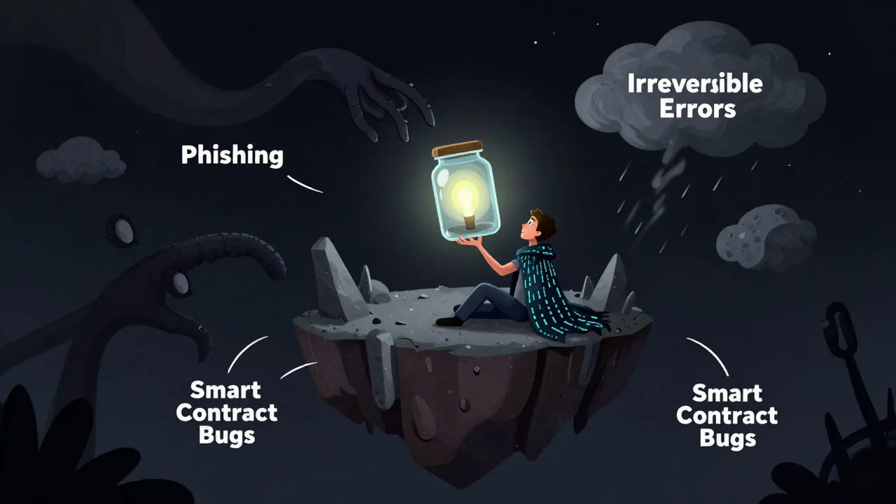Illustration of a user balancing a glowing seed phrase jar on a floating island surrounded by abstract security threats.