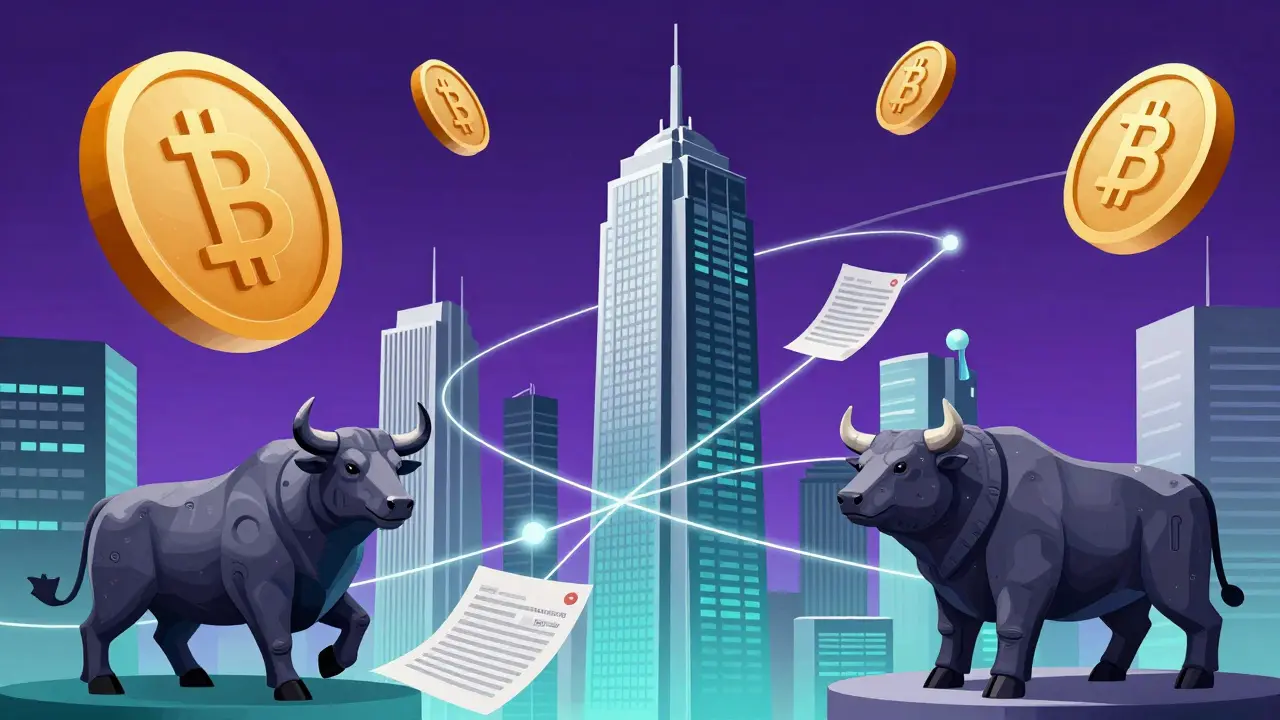 Illustration of crypto merging with traditional securities in a futuristic market