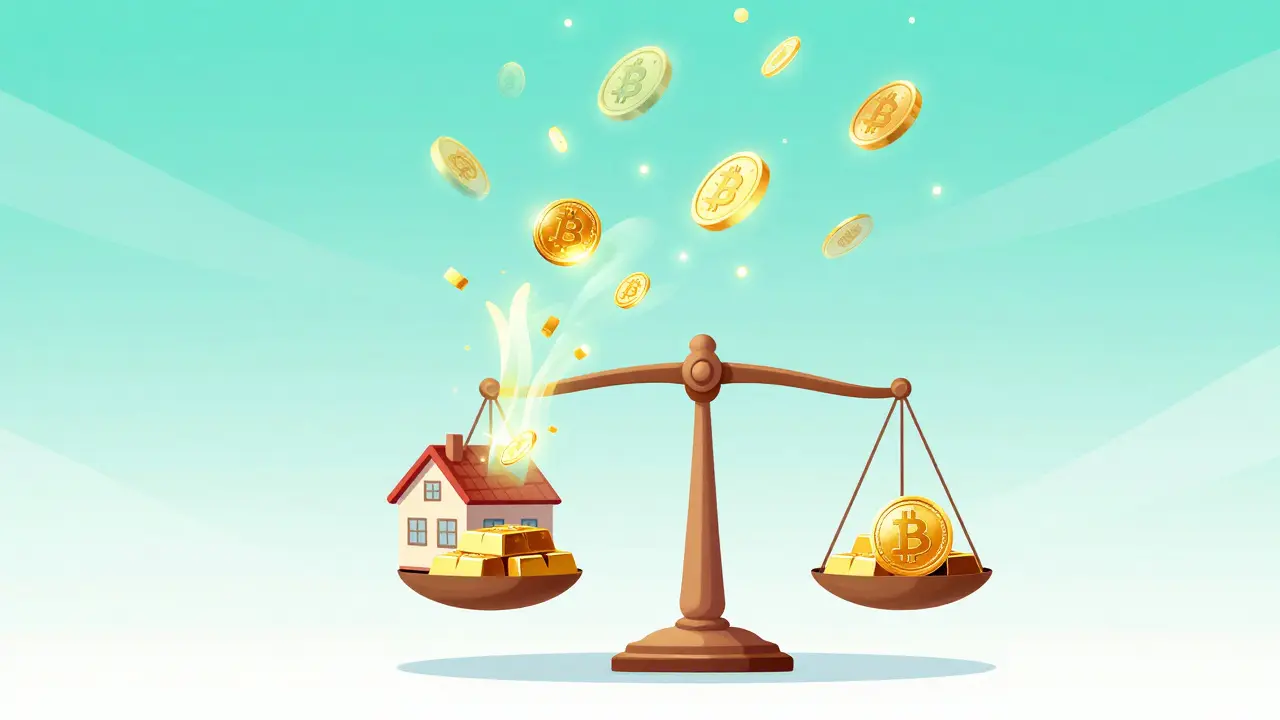Illustration of physical assets turning into digital tokens in the sky