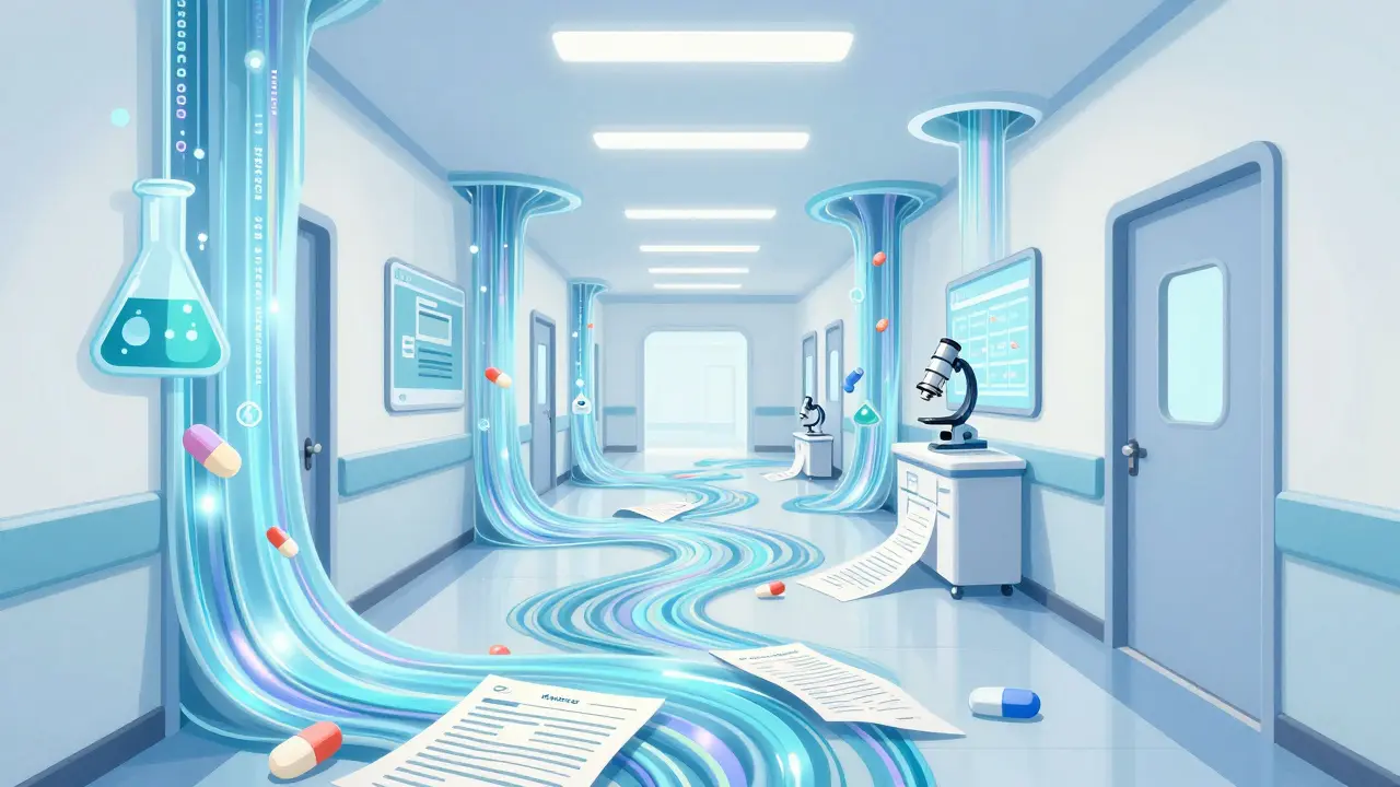 Illustration of seamless data flow connecting different healthcare departments