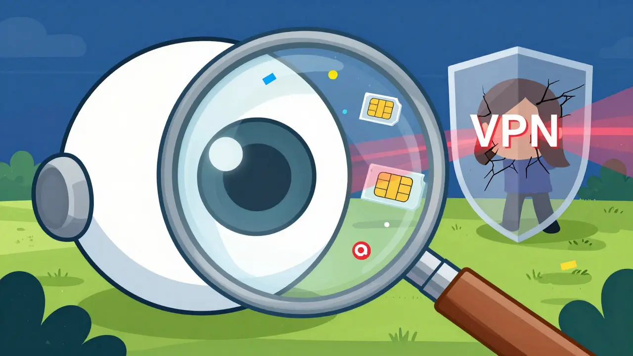 Robot eye scanning a user hiding behind a cracking VPN shield