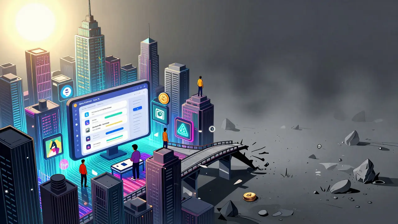 Split illustration contrasting a vibrant data platform with a desolate token market