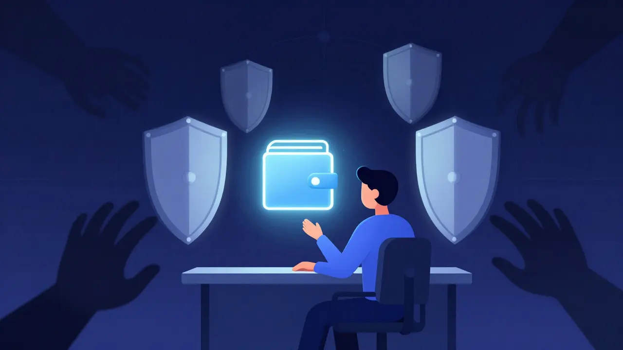 Stylized art of a user protecting their digital wallet from shadowy scam threats.