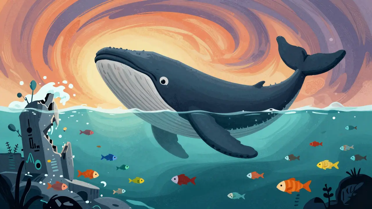 Surreal art depicting a giant whale swimming among tiny fish in a turbulent crypto sea.