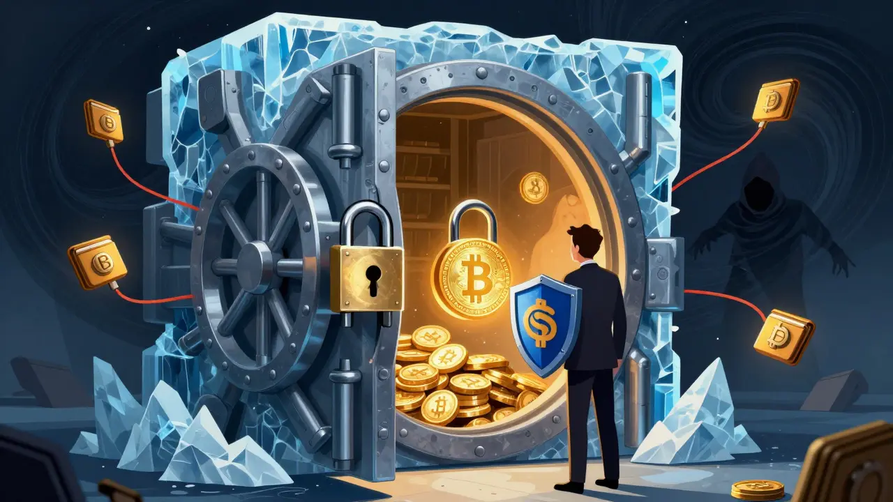 Surreal art depicting cold storage vaults protecting crypto from online hackers