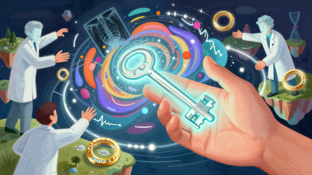 Surreal art of a patient holding a digital key controlling access to health records