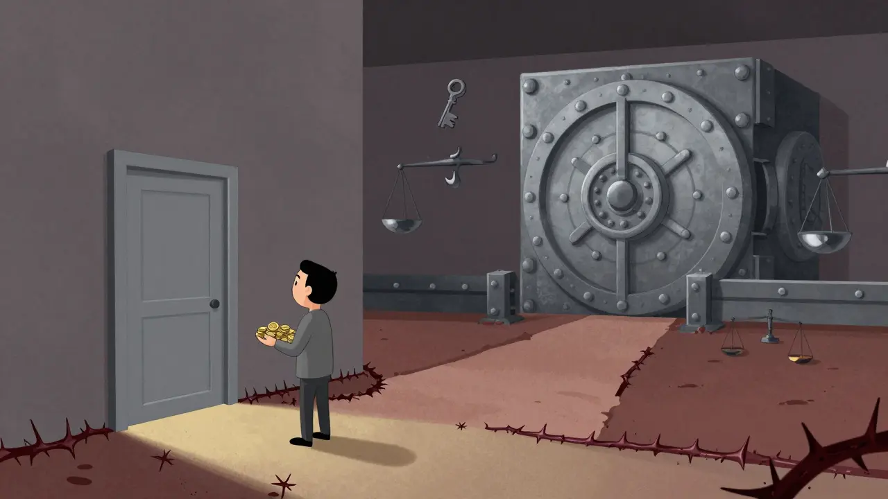 Surreal art showing a choice between a risky open door and a secure distant vault for crypto.