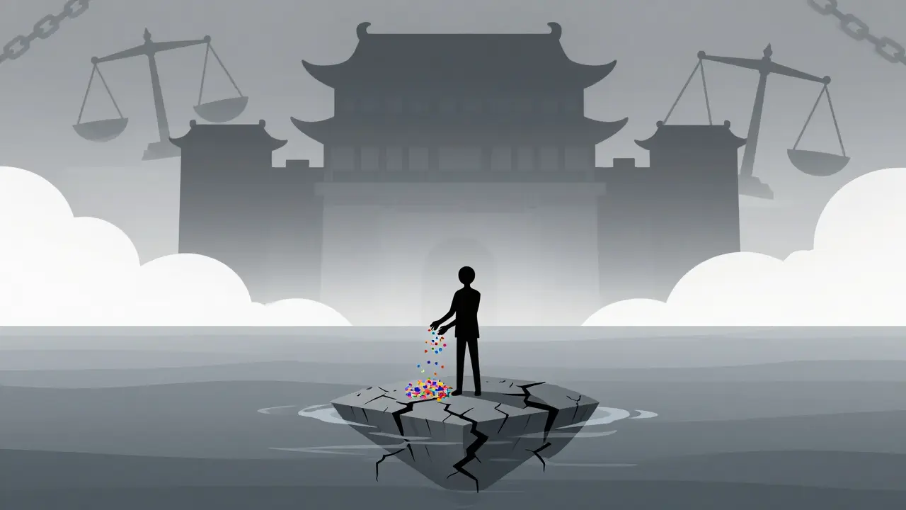 Surreal art showing a person losing tokens in a dry, stagnant ocean of zero liquidity