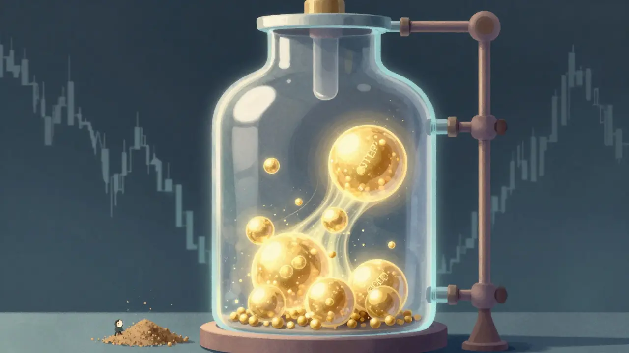 Surreal art showing small tokens transforming into larger valuable assets via staking