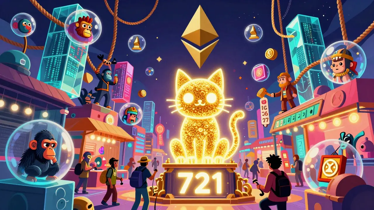 Surreal cartoon of CryptoKitties and ERC-721 tokens in a congested digital marketplace.