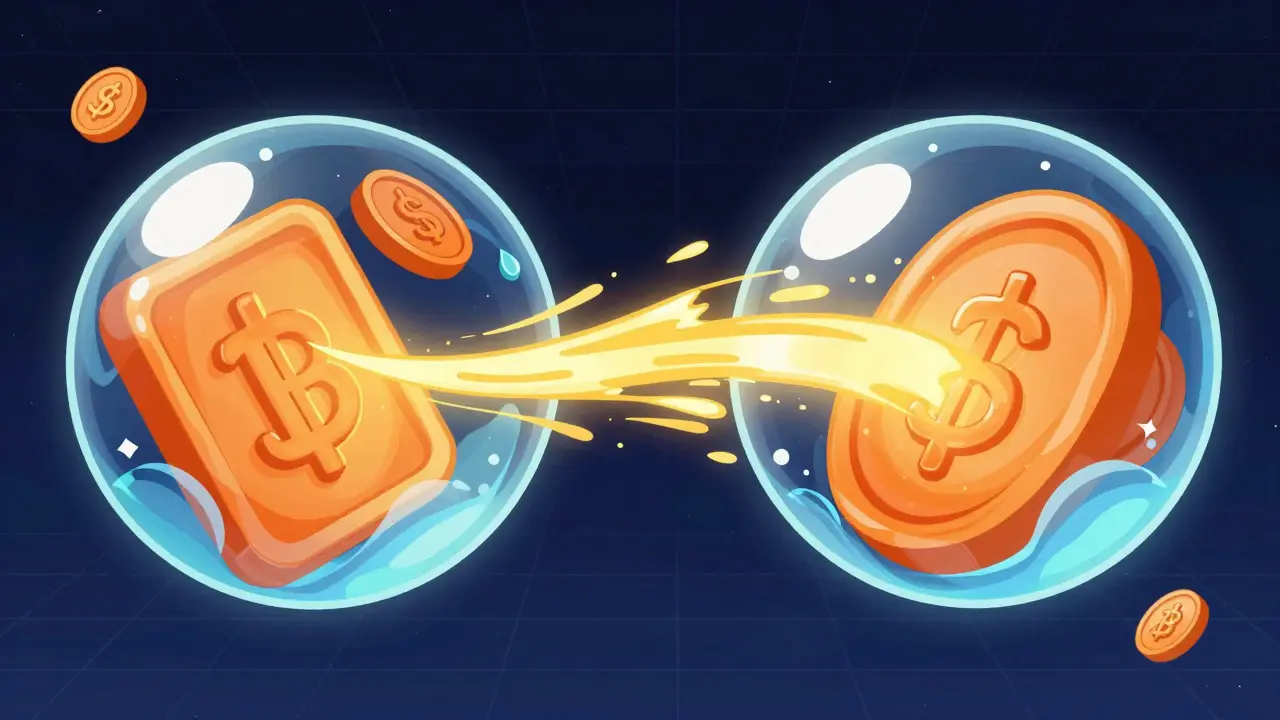 Surreal cartoon of two glowing orbs exchanging liquid tokens via a stream of light.