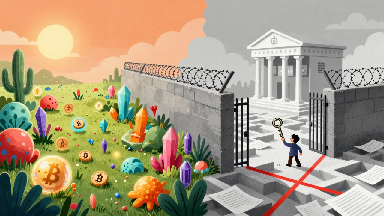 Surreal cartoon showing a barrier between free-flowing crypto tokens and a rigid, gated traditional banking system.