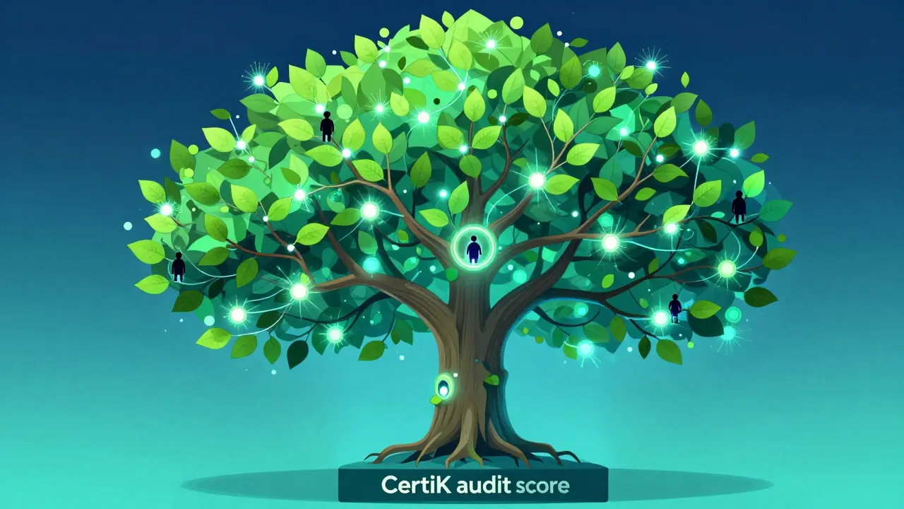Surreal digital tree with glowing branches representing the binary referral network.