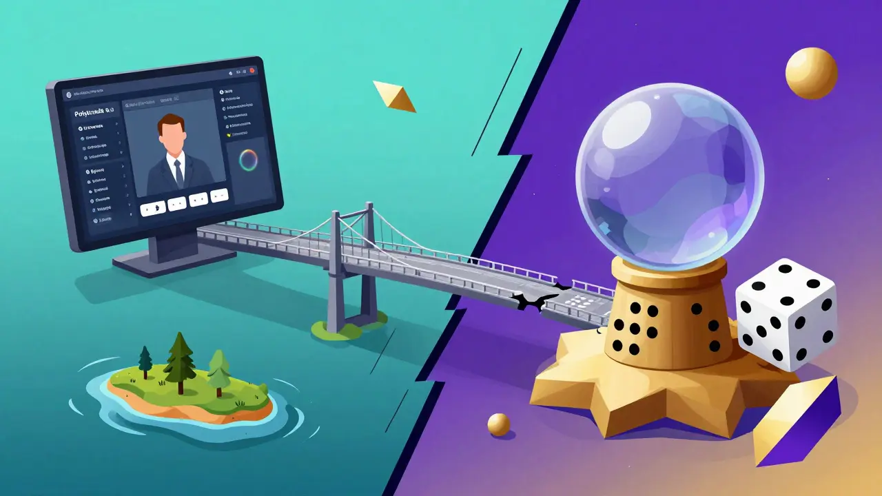 Surreal illustration contrasting a trading bridge tool with a prediction crystal ball.