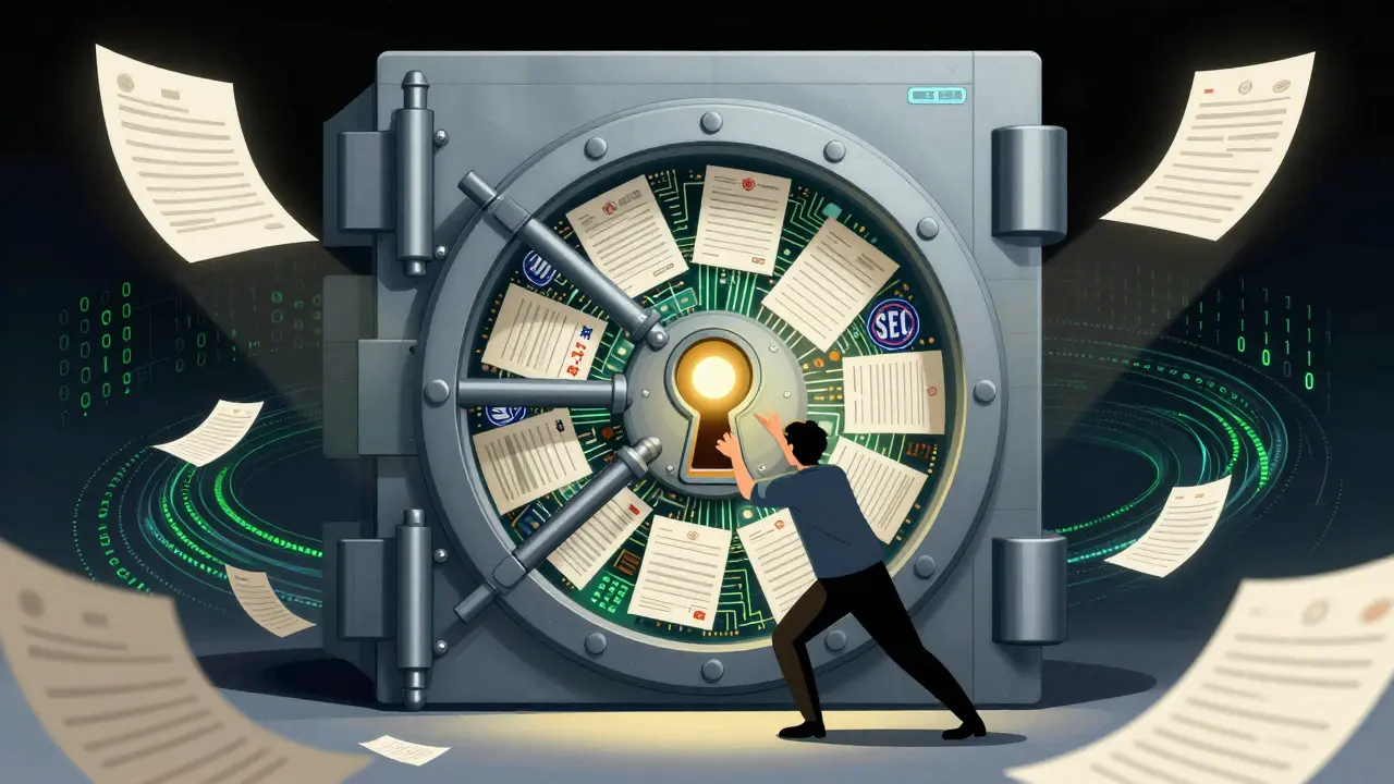 Surreal illustration of a bank vault made of laws blocking crypto access