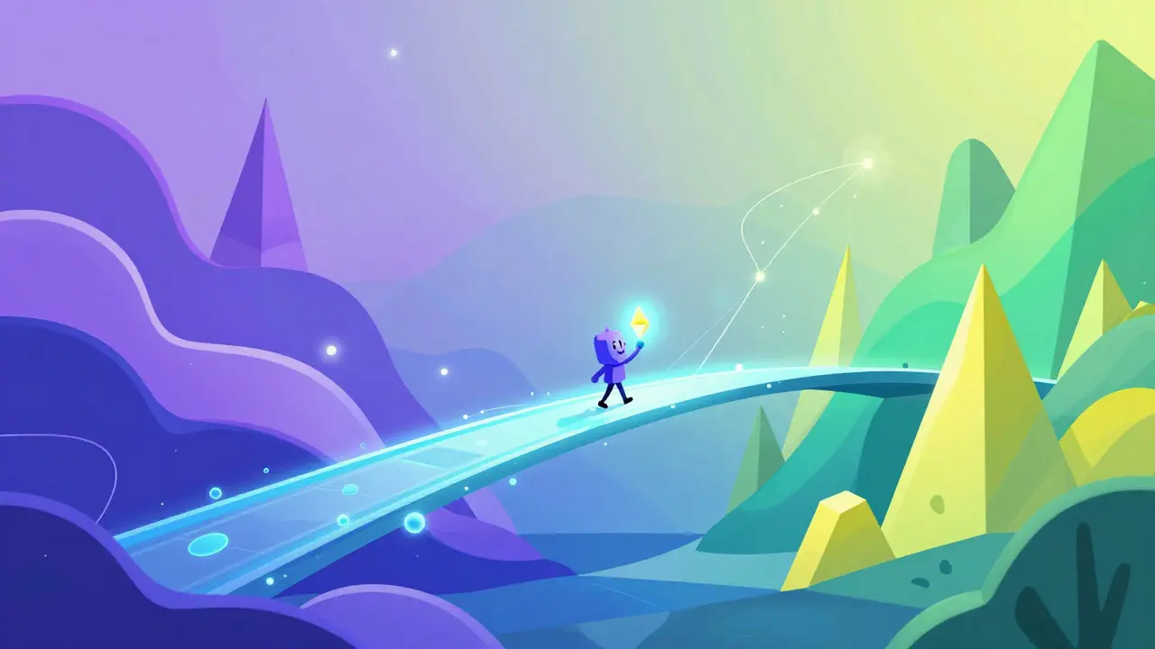 Surreal illustration of a character crossing a light bridge between two digital worlds