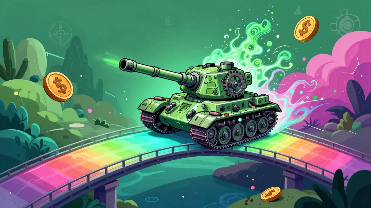 Surreal illustration of a functional NFT tank crossing a digital bridge between chains