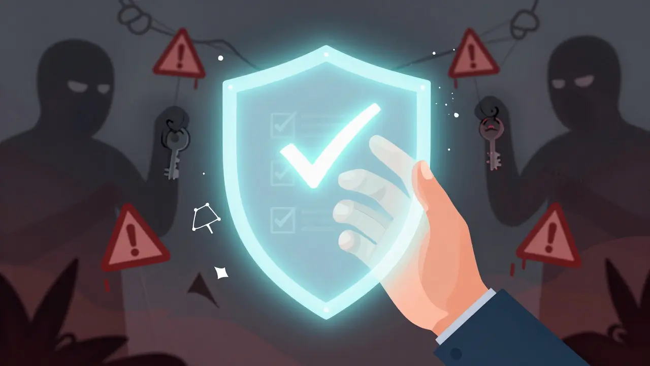 Surreal illustration of a hand touching a verification shield amidst scammer shadows.