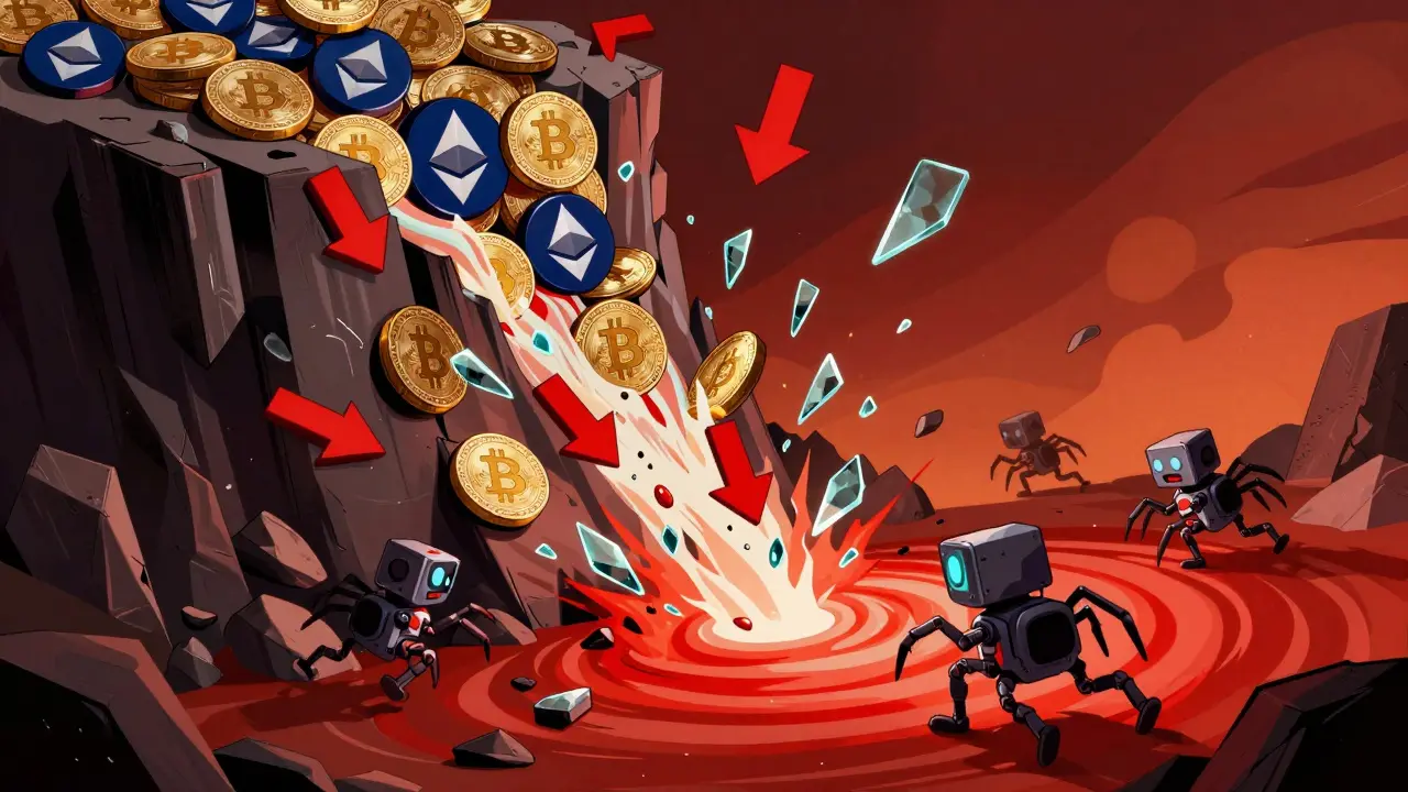 Surreal illustration of an avalanche of red arrows and shattered coins representing liquidations.