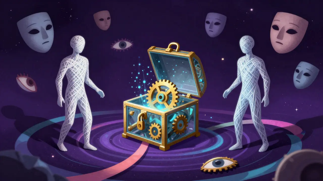 Surreal illustration of two abstract figures exchanging crypto via a glass escrow box amidst swirling data ribbons.