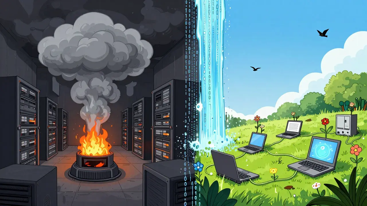 Surreal split scene showing industrial pollution vs a green garden of efficient computers