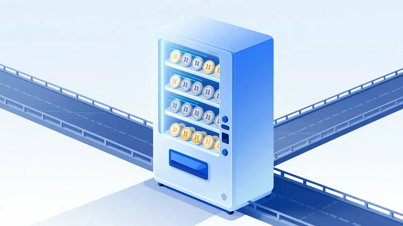 Surreal vending machine dispensing stablecoins on a bridge between blockchains
