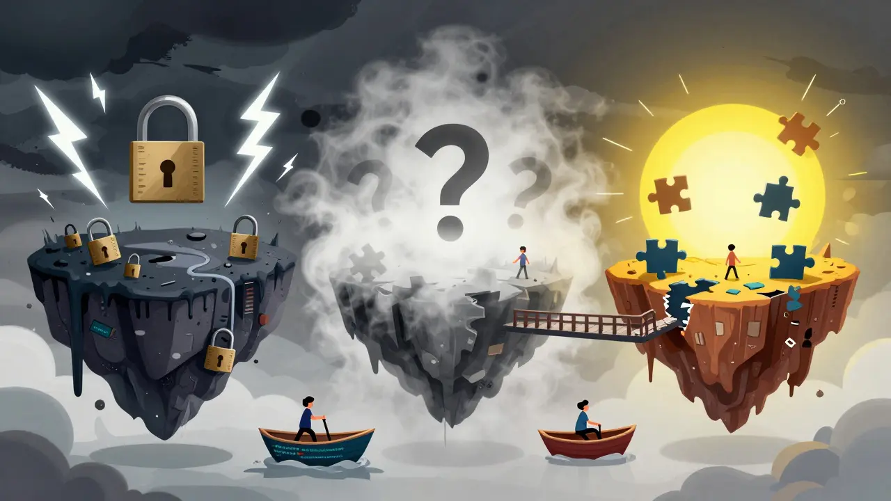 Three floating islands representing different levels of crypto trading restrictions
