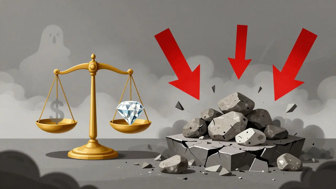 Abstract art showing a broken scale with diamonds and falling prices