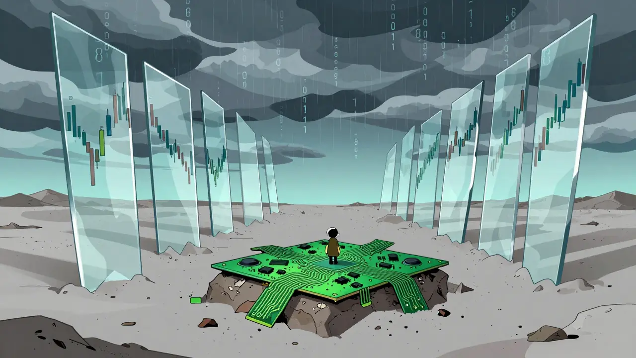 Abstract art showing an investor trapped on a shrinking digital island