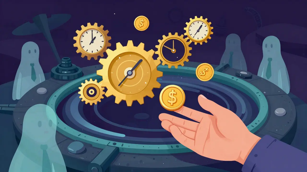 Abstract cartoon of a hand dropping a coin into a vortex of gears and clocks, symbolizing cross-chain swaps.