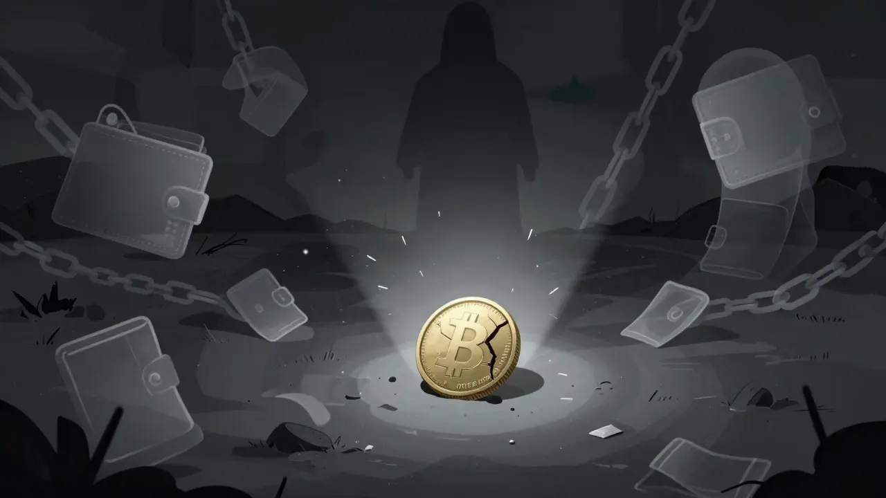 Abstract illustration of a broken, worthless JF coin in a dark, empty void.