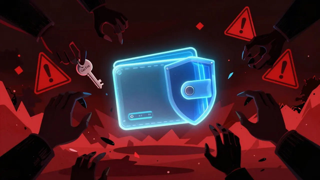 Abstract illustration of a digital wallet protected from red scam hooks and fake keys