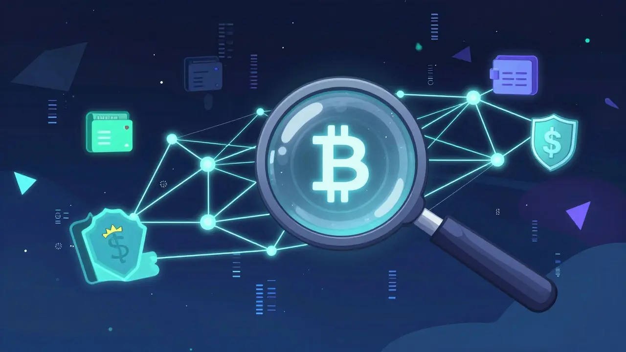 Abstract illustration of a magnifying glass analyzing glowing crypto wallet networks