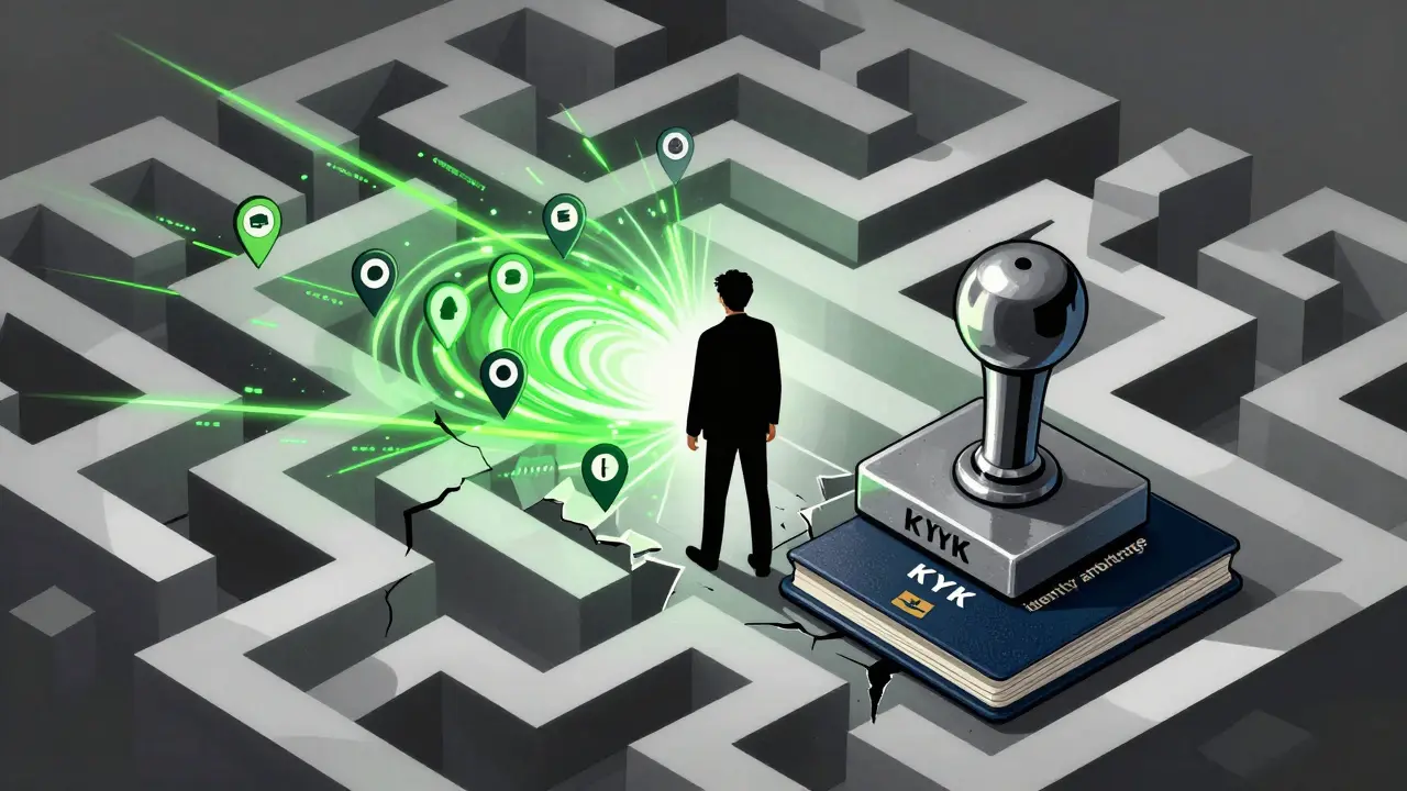 Abstract illustration of a user navigating a complex KYC and IP verification maze