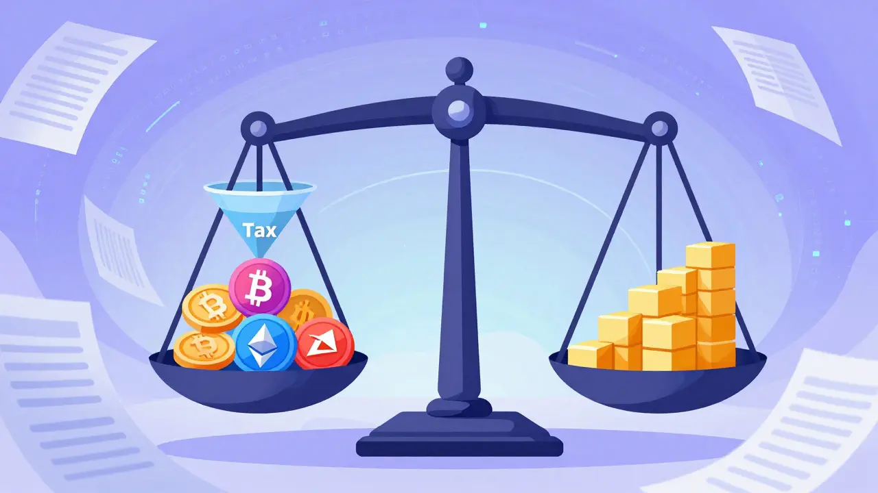 Abstract illustration of crypto tokens being weighed and taxed by a government seal funnel