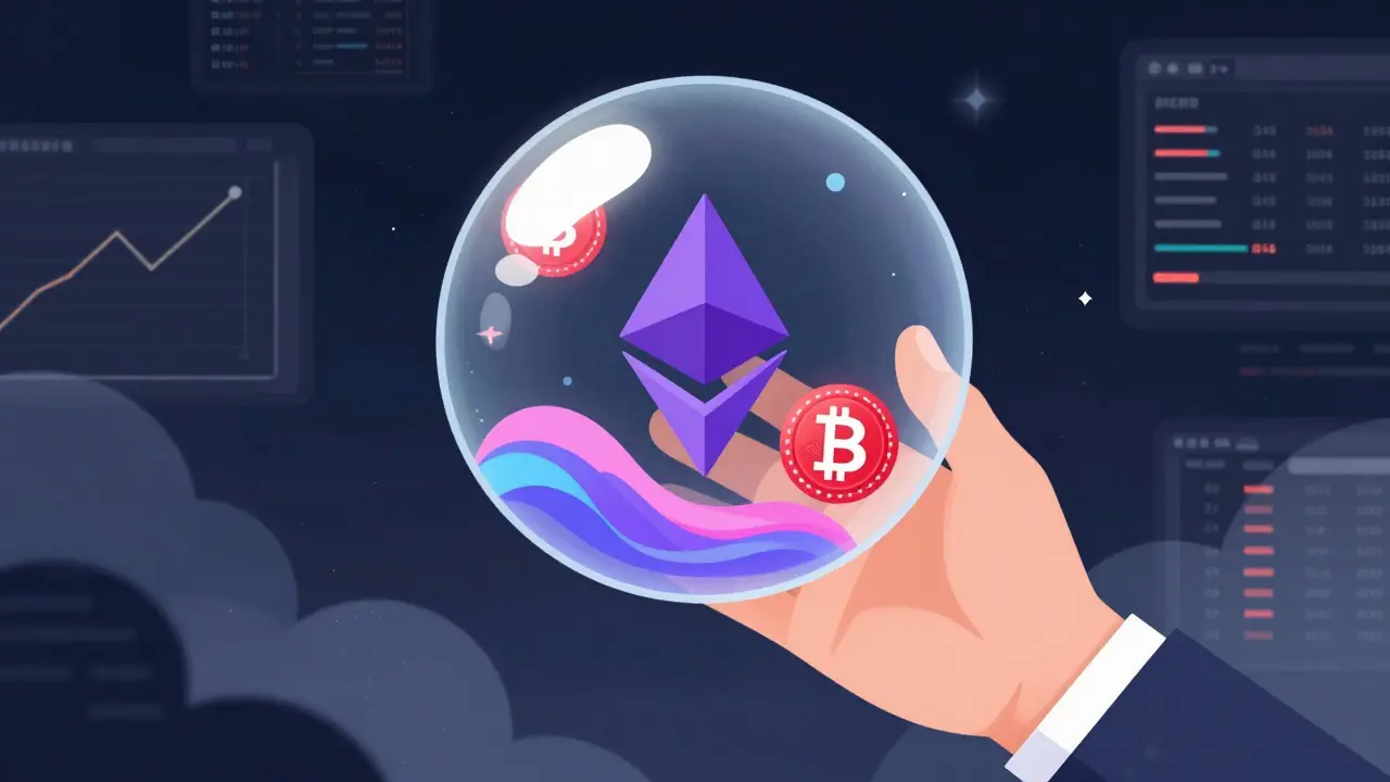 Abstract illustration of simple crypto swap bubble filtering out complex trading chaos