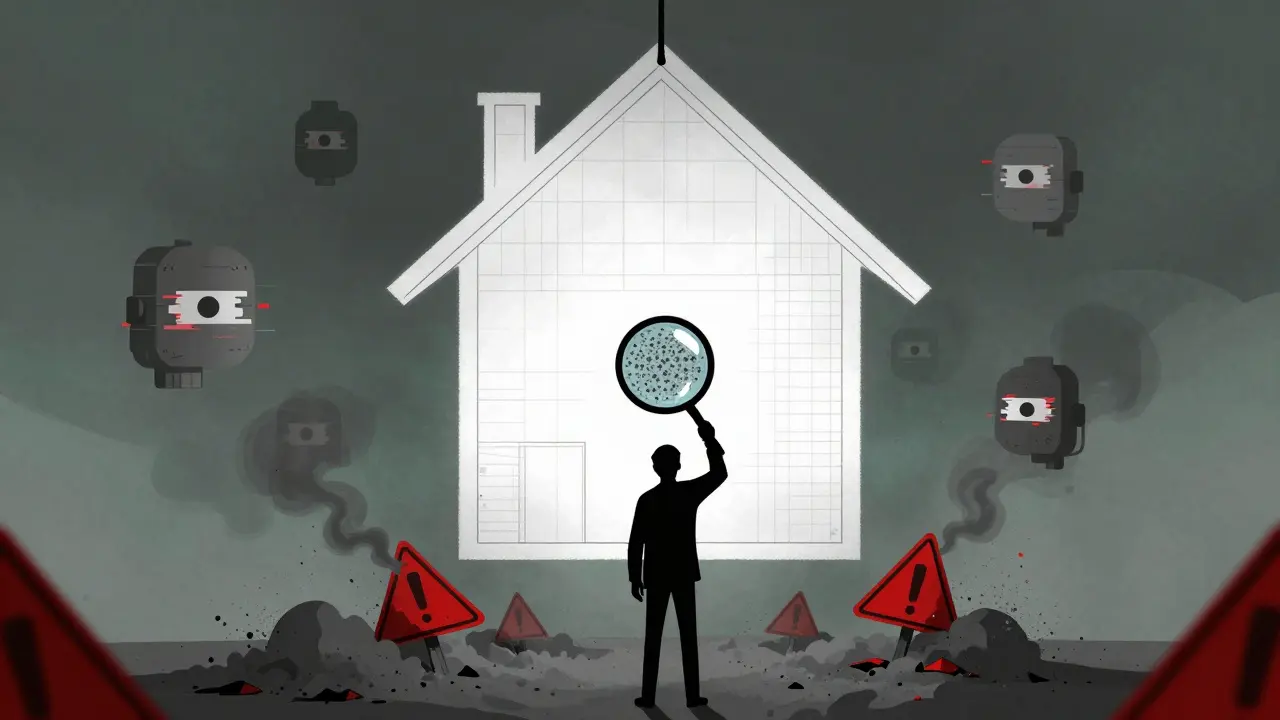 Abstract illustration showing an empty blueprint house with crumbling foundations and glitchy bot eyes.