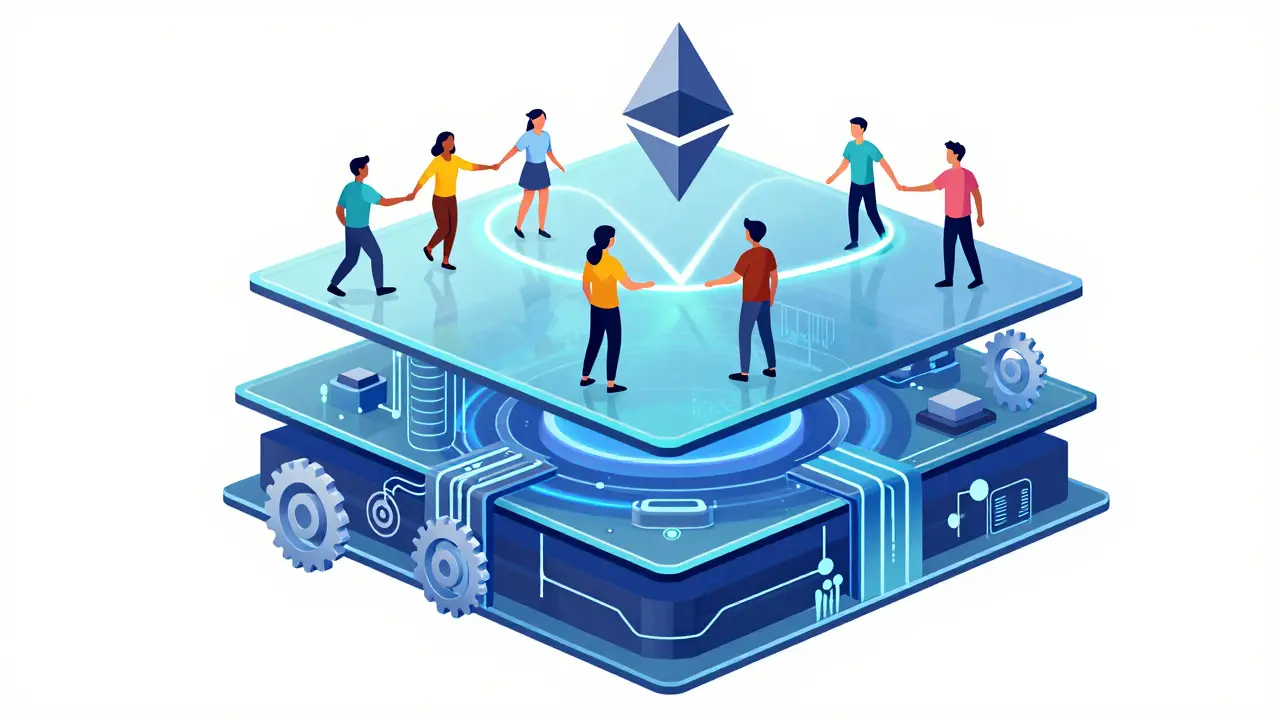 Abstract layered platforms showing seamless blockchain gaming infrastructure