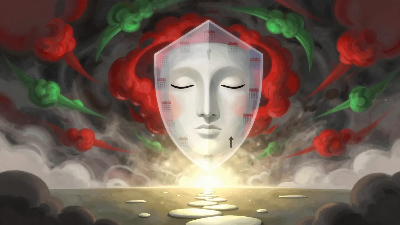 Cartoon face meditating calmly inside a shield against emotional storm clouds