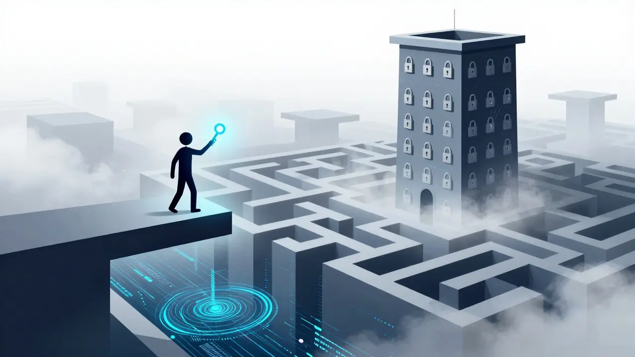 Cartoon figure navigating DeFi security maze with private keys and fog