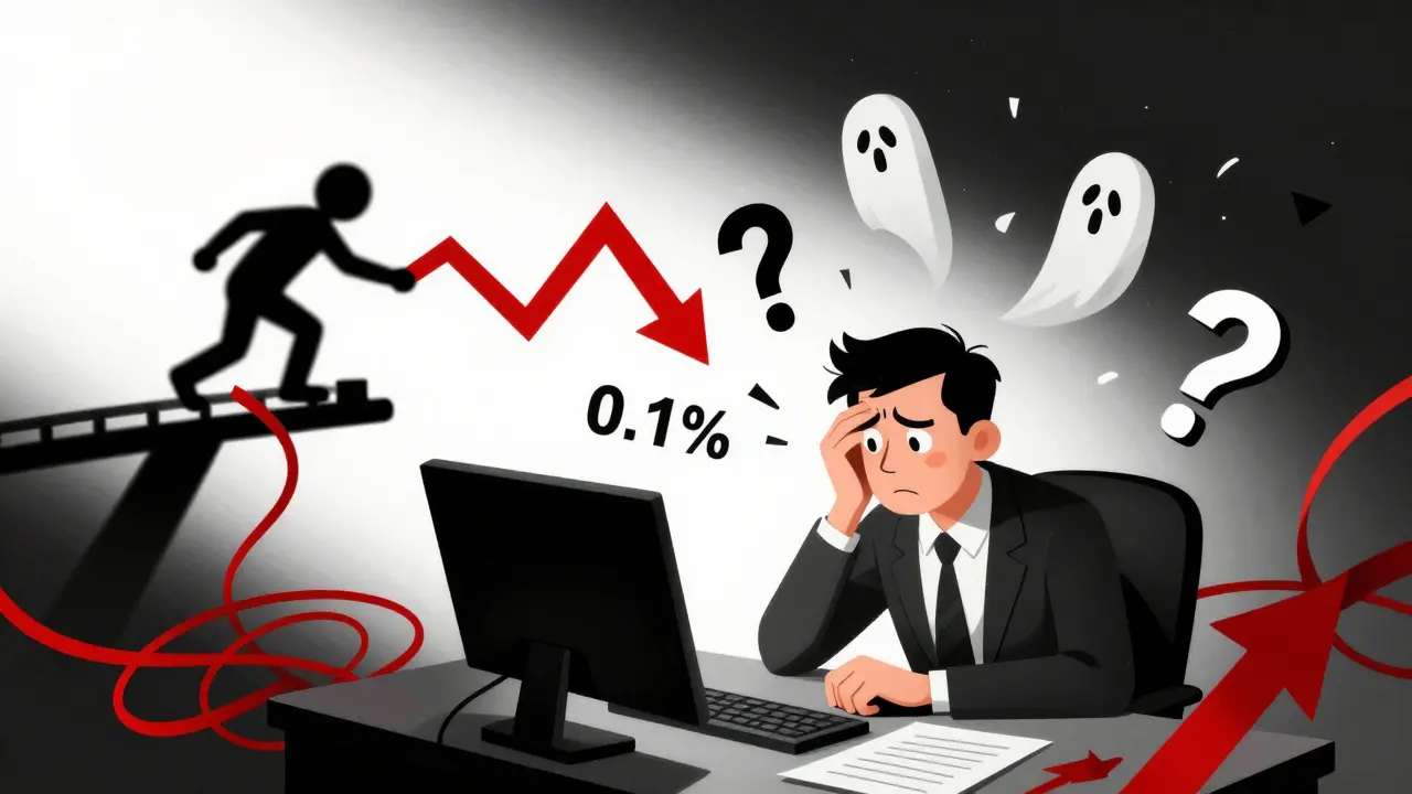 Cartoon trader losing profits to ghostly fees amidst tangled red trend lines and question marks