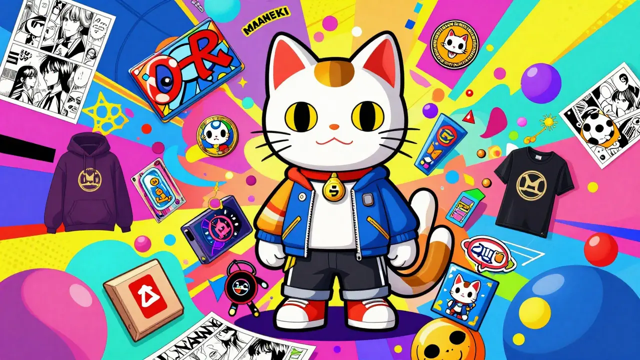 Colorful surreal collage of MANEKI anime character and merchandise